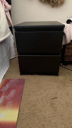 TWO BLACK NIGHTSTANDS WITH TWO DRAWERS THERE’S A MATCHING SIX DOOR DRESSER AND A BLACK MIRROR THAT CAN BE HUNG OR SIT ON THE DRESSER. IT WAS BOUGHT AS