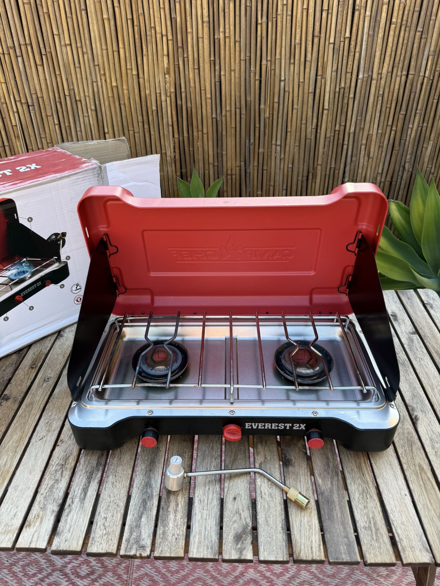 Camp Chef Mountain Series Everest 2X High Output Two-Burner Camp Stove Lid Doubles as Windscreen