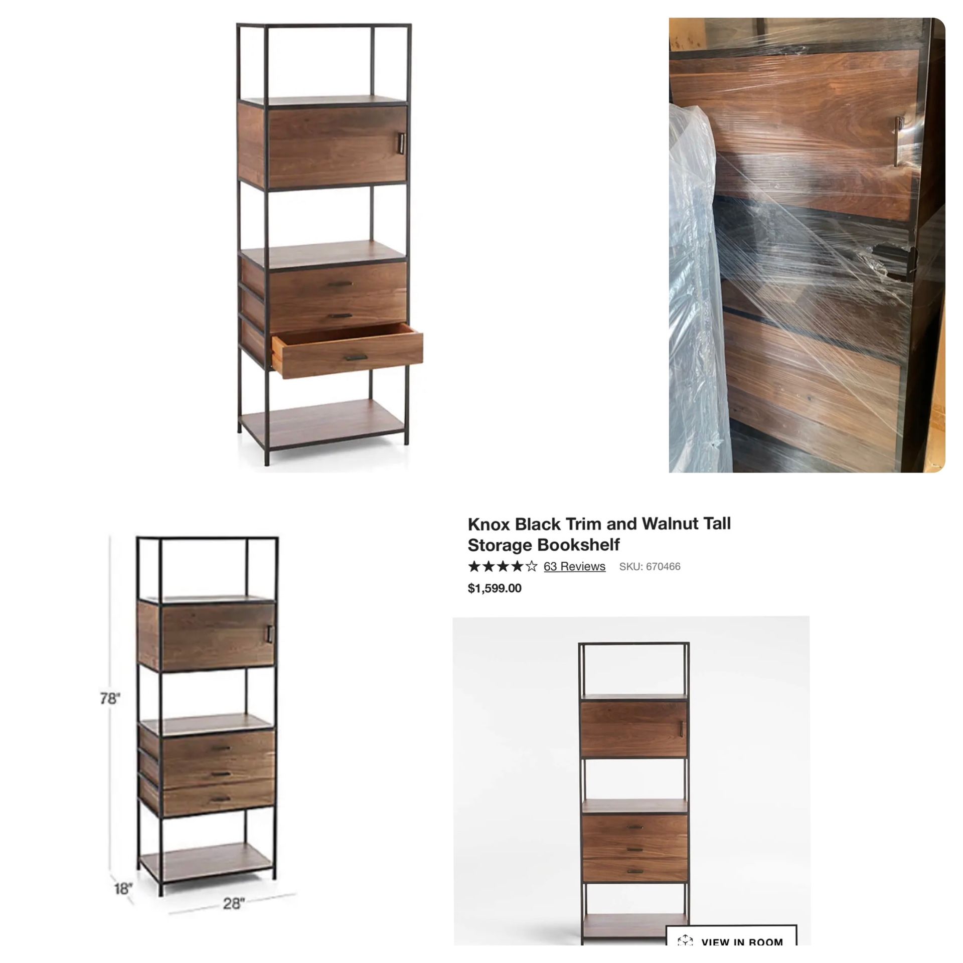 Open Box- Knox Black Trim and Walnut Tall Storage Bookshelf