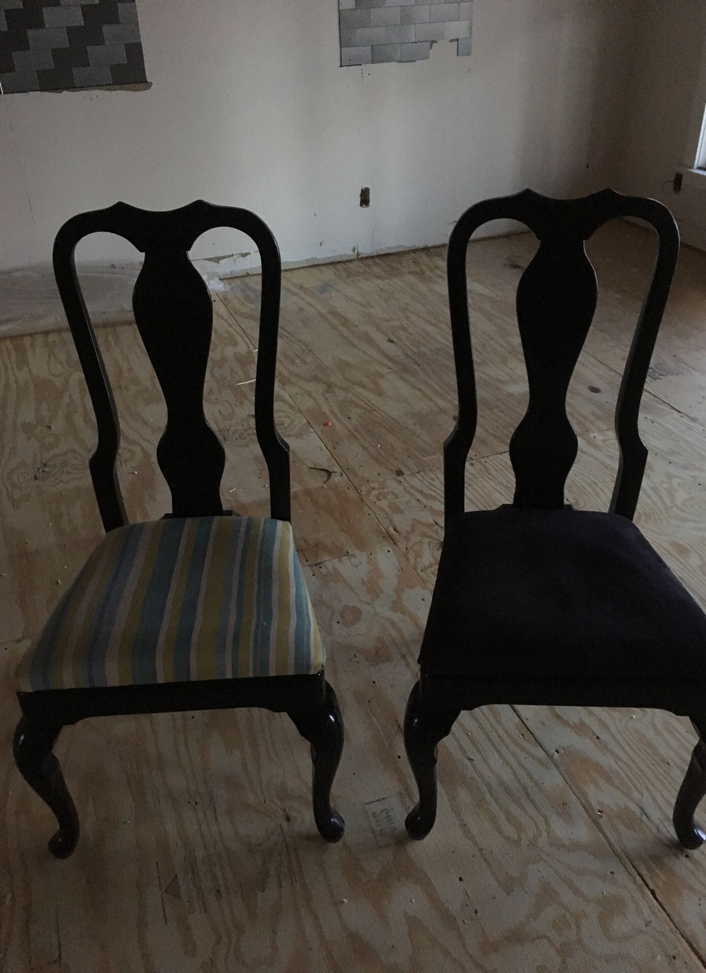 Chair(s) - black lacquer. Upholstered with different fabrics but the chairs match. Price is for both.