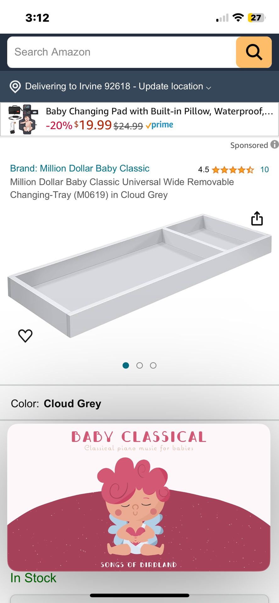 Million dollar baby Co Changing Tray/Topper GREY