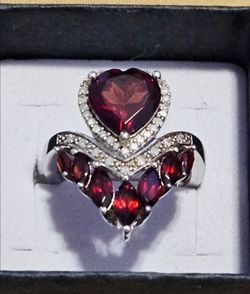 Genuine Red Garnet Heart and Marquise w/ white round Topaz Ring in .925 Sterling Silver. Size 7.