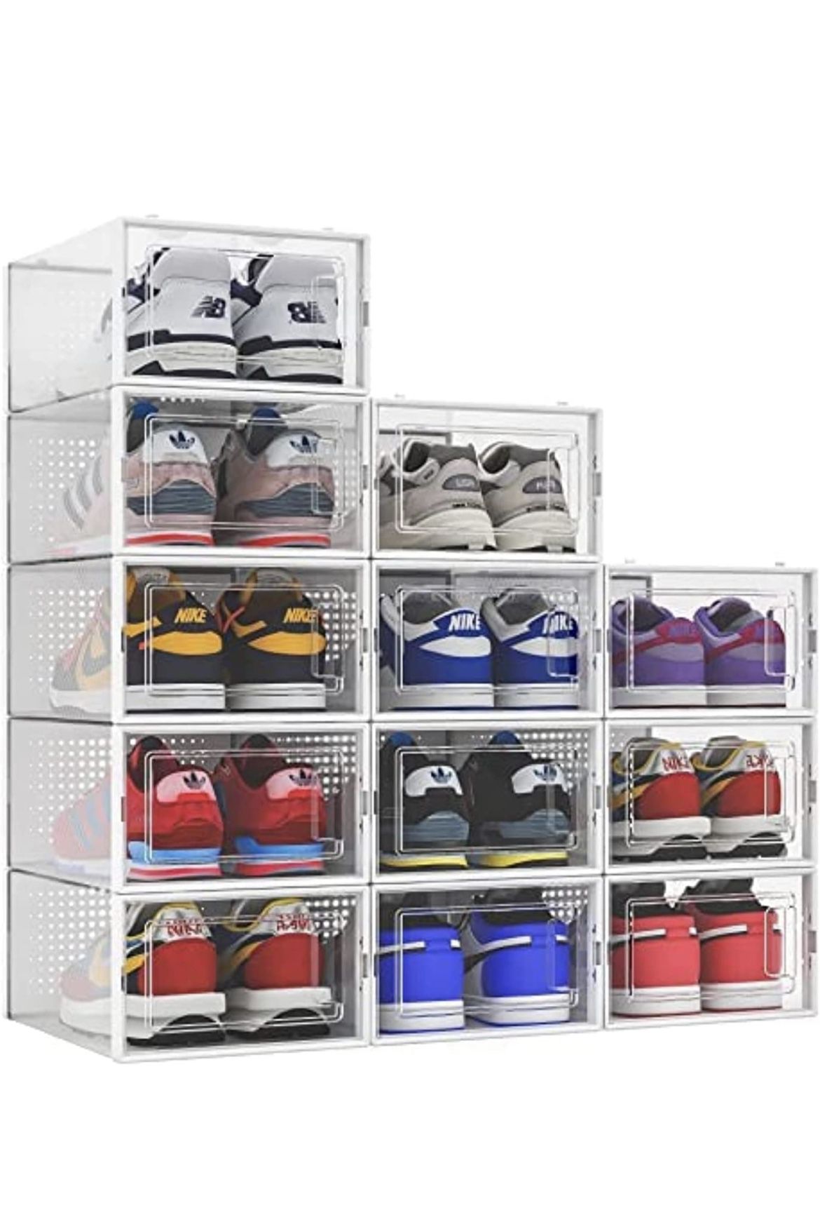 12 Pack Shoe Storage Boxes, Clear Plastic Stackable Shoe Organizer Bins, Drawer Type Front Opening Shoe Holder Containers