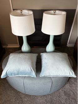Ottoman, 2 pillows, 2 lamps