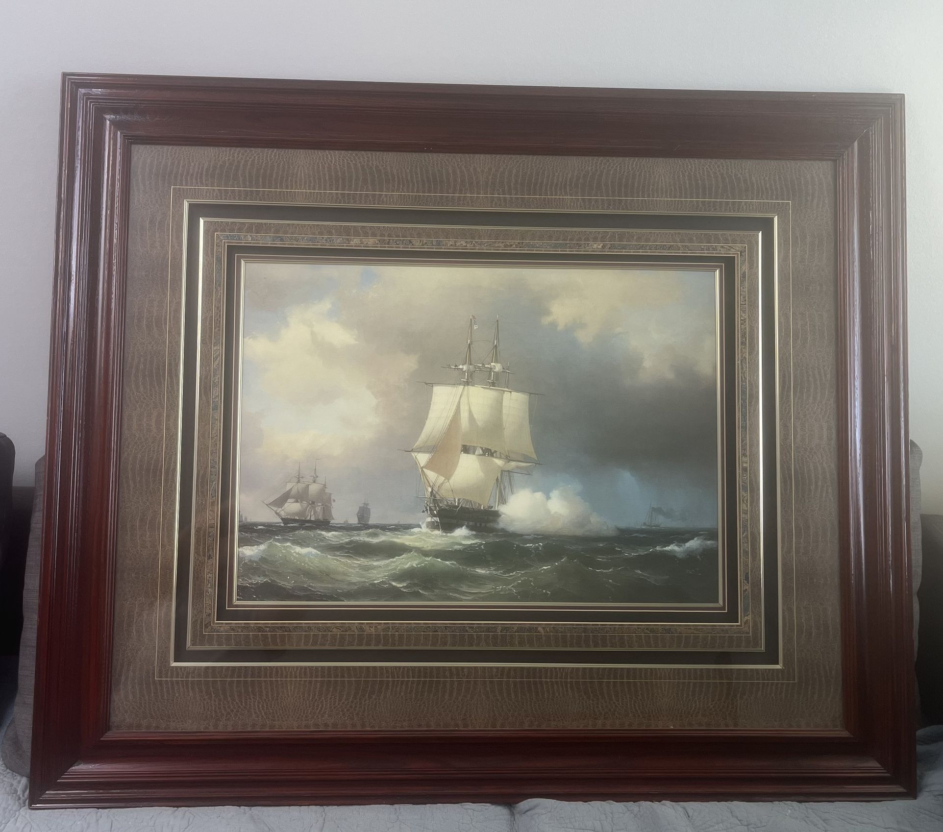 39”x46” ship canvass painting with cherry frame