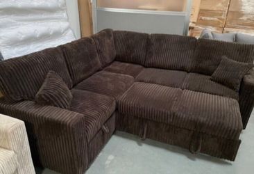 Sectional sofa with pull-out bed & storage chocolate fur-like jumbo corduroy
