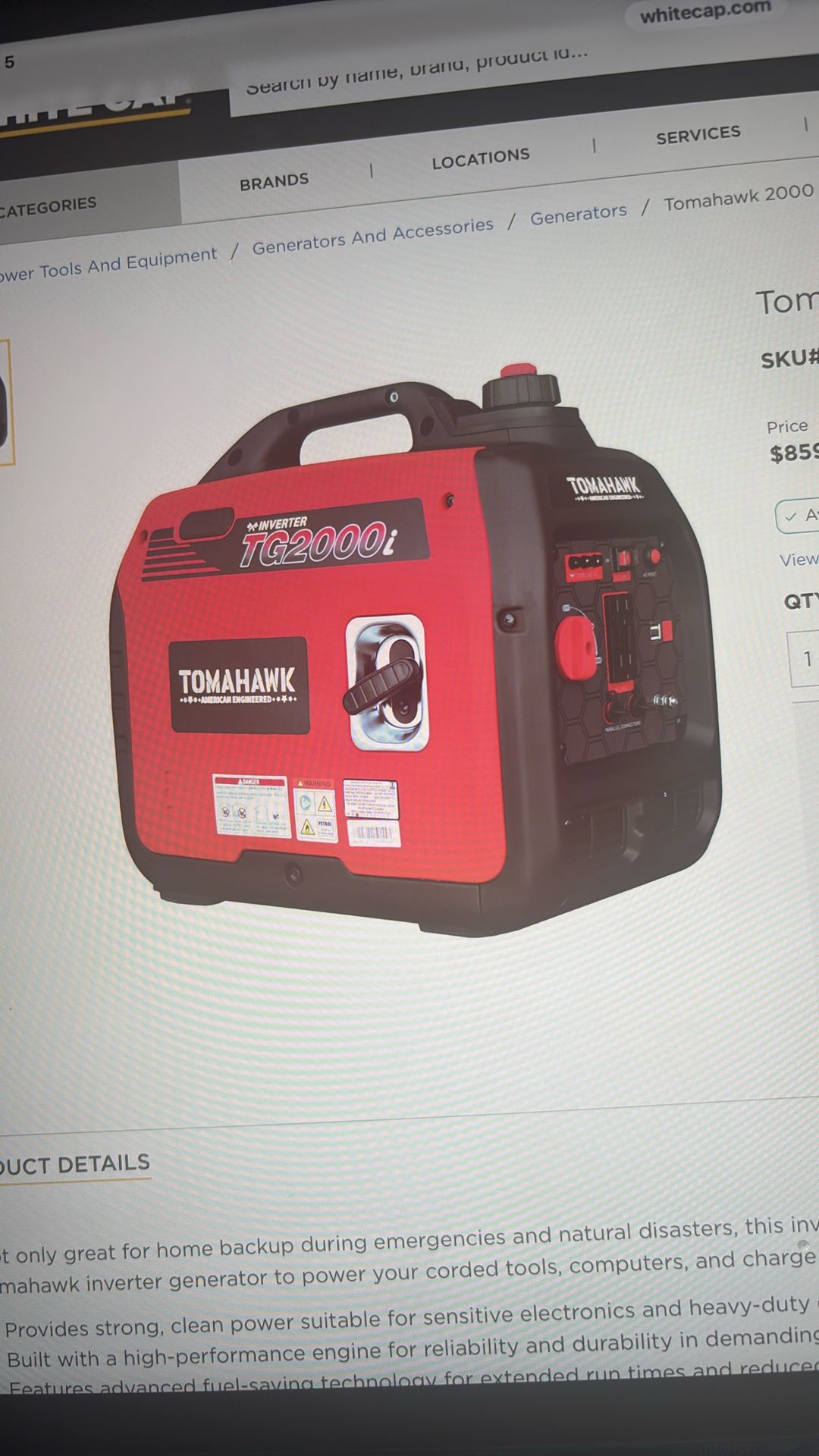 Tomahawk 2000 Watt Portable Inverter Generator 