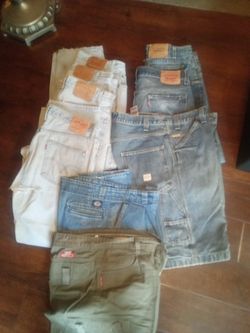 Six Pairs Of 501 Original Levi's Button Fronts Sizes 3332 Also 3232 Six Pairs One Pair Of Levi Shorts One Pair Of Docker Blue Jeans Hall $40