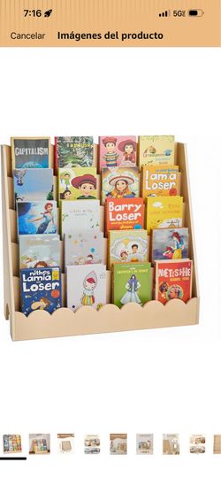 VEVOR Estantería Montessori de 5 niveles, estantería festoneada para niños, estante de madera con 2 ganchos dobles, estantería de exhibición de mueble