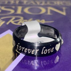 Forever Love Rhinestone Black Ring With Engraving Size 5