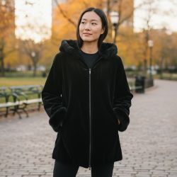 Gallery Black Velvet Faux Fur Trim Hooded Parka - Womens M