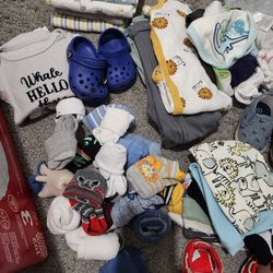 Box Full Of Baby Boy Clothes, Socks, Receiving Blankets, No Scratch Gloves, Shoes Size Newborn - 6 Months 