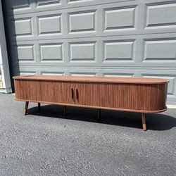 Brand New 69” Dark Walnut MCM Double Drawer TV Stand |  Built-In Power Outlet