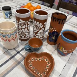 Hand-Painted Mexican Pottery Cups & Dish Set