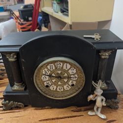 Antique Mantle Clock With Cast Iron Bugs Bunny. Working Condition Includes Key