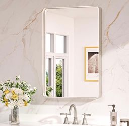 Keonjinn 20 X 30 Inch Brushed Nickel Bathroom Mirrors For Over Sink, Rounded Rectangle Silver Bathroom Vanity Mirror, Farmhouse Mirror For Wall, HD Te