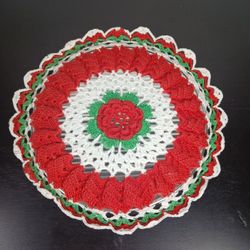 Vintage Hand Crochet Doily Red White Floral Rose Openwork Round Hot Mat 9.5"
