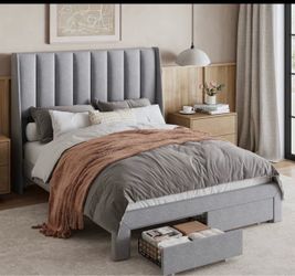 Gray Upholstered Bed Frame with Storage Drawer
