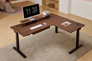 Vernal L-shaped Standing Desk | Walnut Black Legs | Additional Accessories