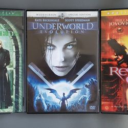 3 Action/Horror/Scifi DVDs - Resident Evil, Matrix Reloaded, Underworld Evolution