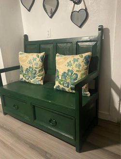 Beautiful large green wood Bench with 2 beautiful cute bird cushions