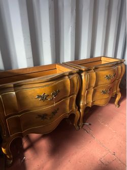Pair of vintage French Provincial style end table or nightstand featuring two drawers with ornate brass hardware - no tops