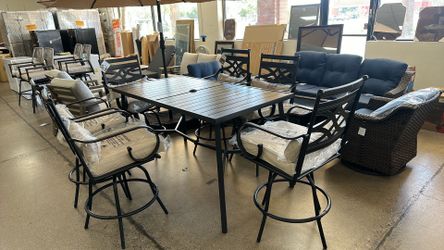 7-Piece Metal Rectangle Bar Height Outdoor Dining Set with Beige Cushions