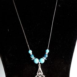 Turquoise Blue Beads & Silver Pendant Necklace