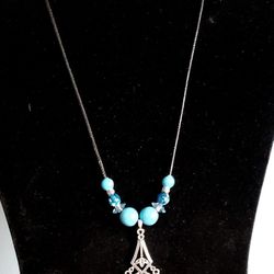 Turquoise Blue Beads & Silver Pendant Necklace