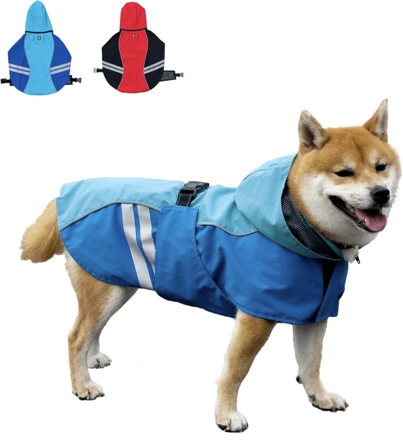 Waterproof Dog Raincoats with Hood for Medium Large Dogs, Poncho with Reflective Strap, Lightweight Jacket with Leash Hole. Blue (X-Small)