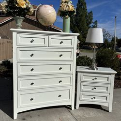 White Bassett Solid Wood Dresser Chest of Drawers and Nightstand Furniture Set Originally $2,000