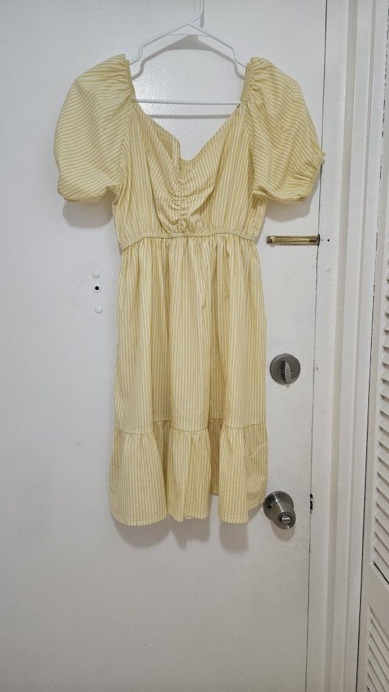 Yellow and White Striped Midi Dress - Flowy Puff Style