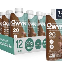 OWYN 20g Protein Shake, Chia Flax And Pea Vegan Protein Blend With Prebiotics. Dark Chocolate.