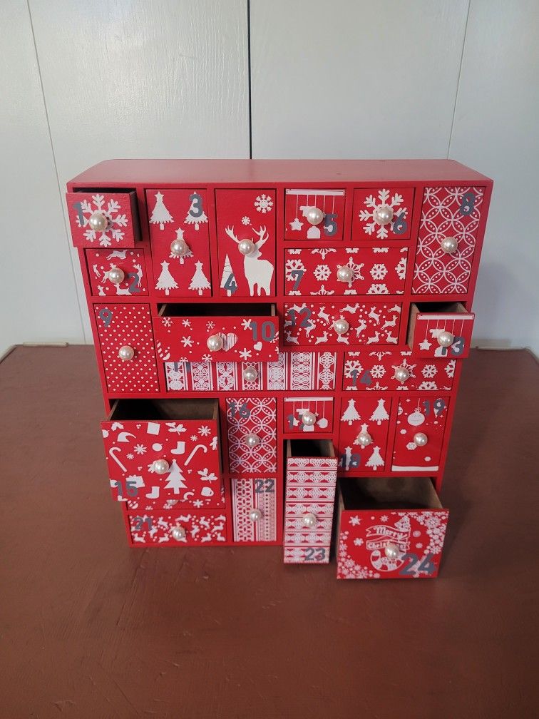 Christmas Decor -- Juegoal Wooden Red Advent Calendar With 24 Drawers Countdown To Christmas