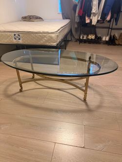 Vintage Mid Century Labarge Style Brass and Glass Oval Coffee Table
