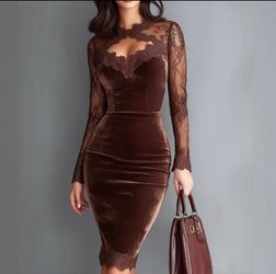 Brown Velvet Lace Bodycon Midi Dress