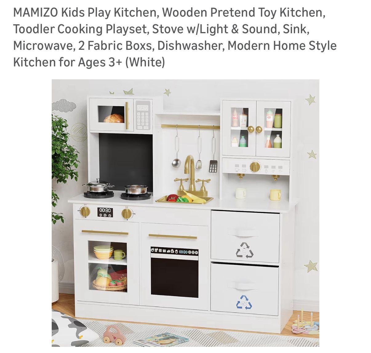 MAMIZO Kids Wooden Play Kitchen Stove Sink Microwave