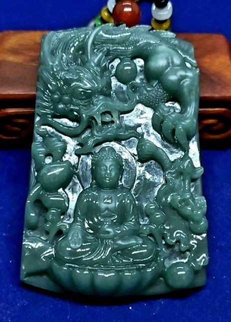 Burmese icy Type A Jadeite Jade Pendant Lucky Buddha -Dragon Lotus. Certified.