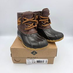 Sperry Saltwater Brown Duck Boots Girls Size 8 Ankle Side Zipper & LaceUp Shoes