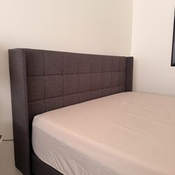 Queen Bed Frame with Upholstered Headboard - Dark Grey (Platform Included)