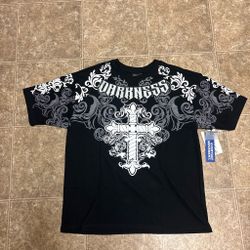 Black & white graphic tee with ornate cross and 'DARKNESS' text #gothic #y2k