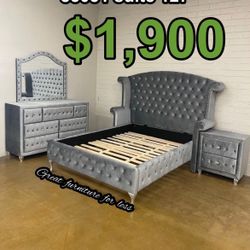 Queen Size Bedroom Set Velvet Gray Include Bed Frame Dresser Mirror And Nightstand Brand New