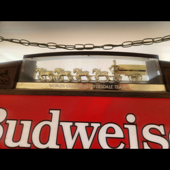 This is a vintage Budweiser "World Champion Clydesdale Team" pool table light