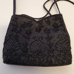 Vintage Small Black Hand Beaded Evening Bag