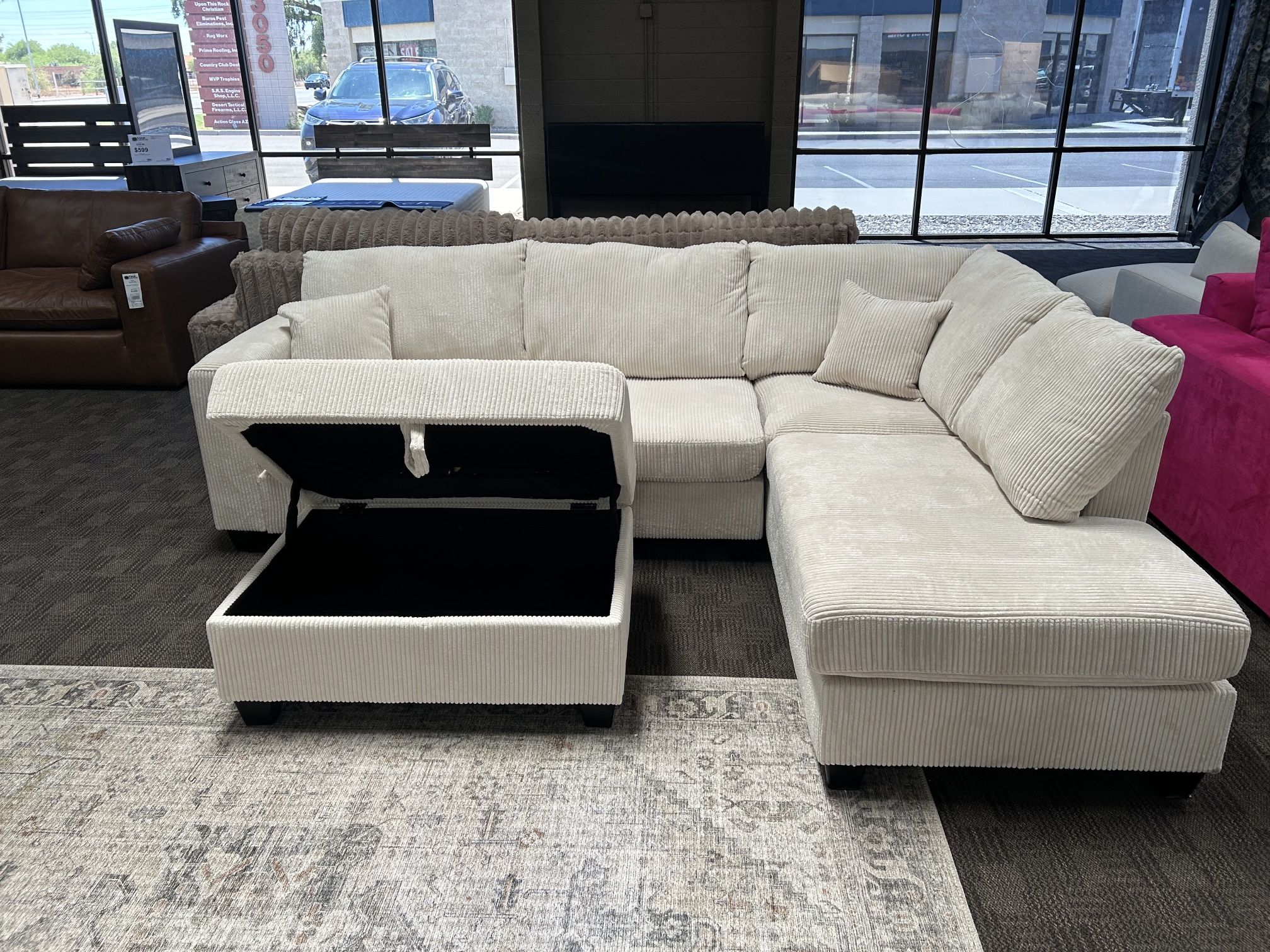 Cream Sectional W/ Storage Ottoman