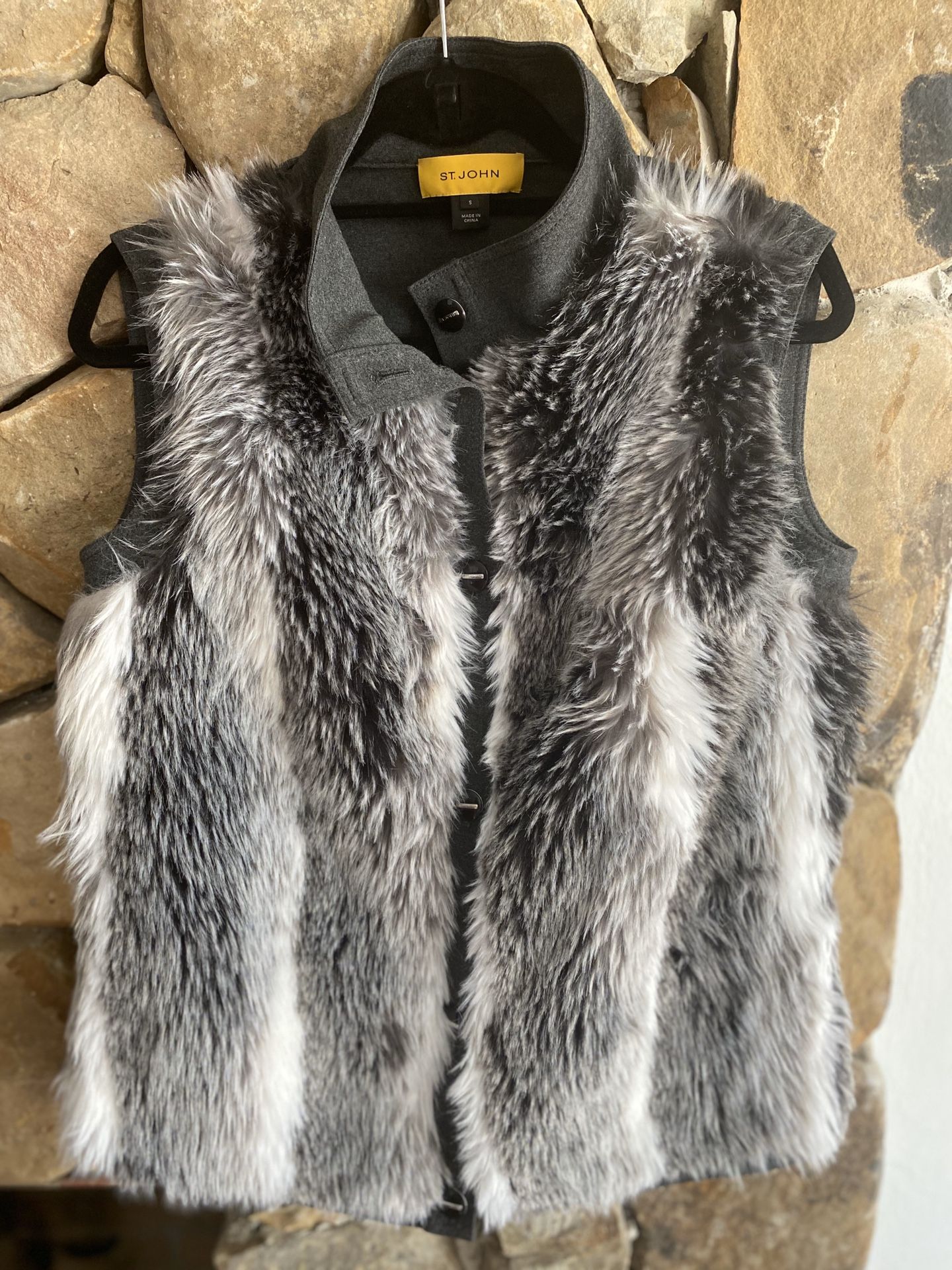 St. John!! Glamorous grey faux fur vest! Like new! Faux fur only in front. Small
