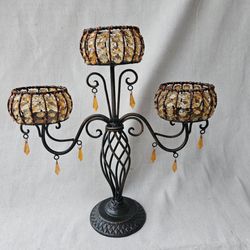 3-Arm Metal Candle Holder w/ Amber Beaded Accents – 16” Decorative Centerpiece