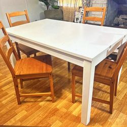 IKEA Dining Table + 4 Chairs (White Table, Solid Wood Chairs)