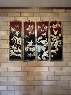 Vintage Asian Lacquer Mother Of Pearl 4 Wall Panels