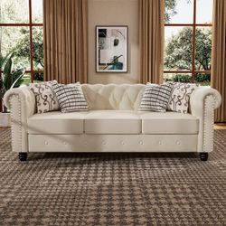 Beige velvet living room couch Velvet Upholstered Chesterfield Sofa with Nailhead and Solid Legs for Living Room